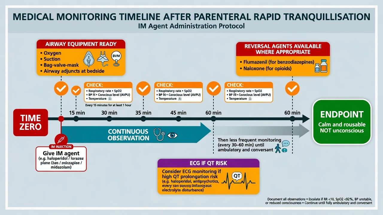 Post parenteral rapid tranquillisation monitoring timeline every 15 minutes for one hour