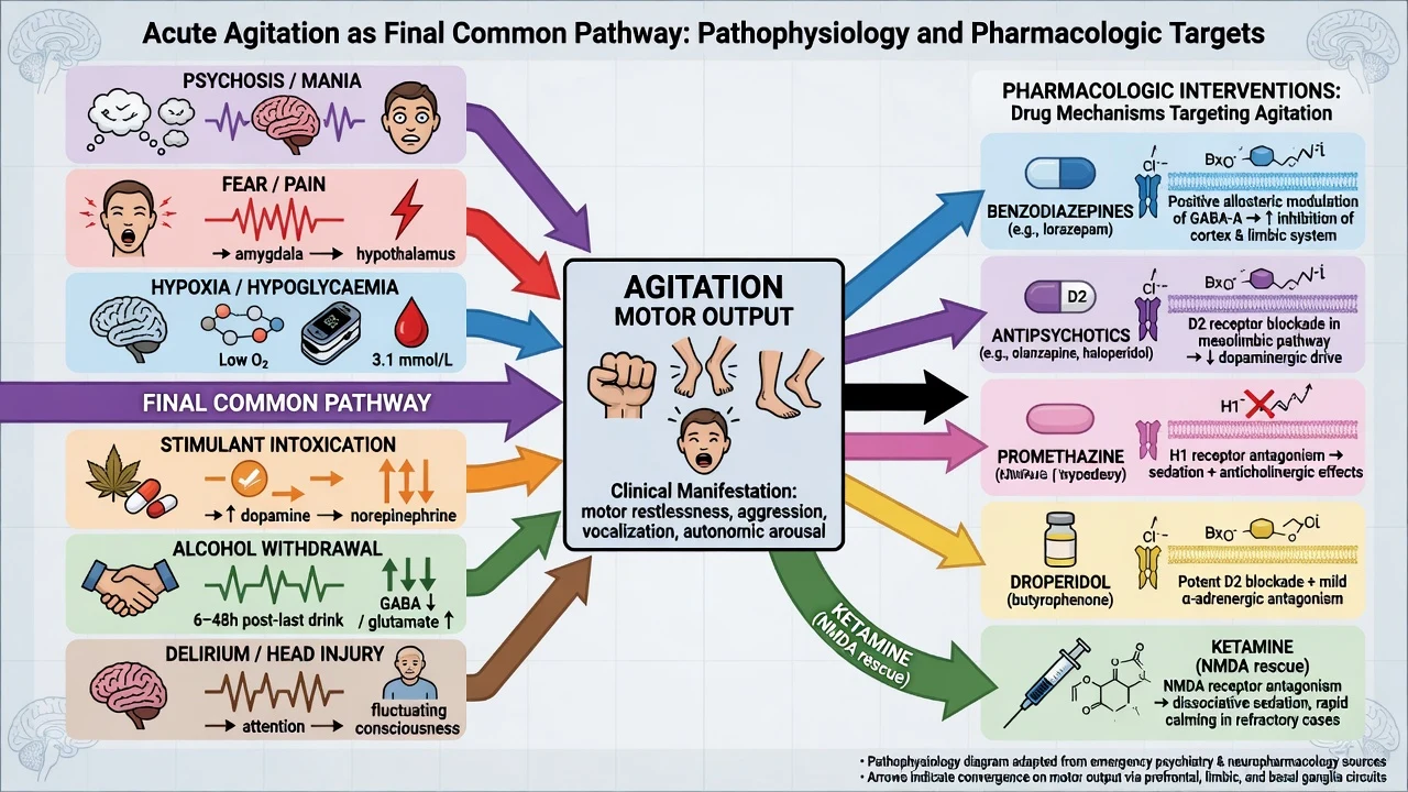 Agitation as final common pathway with pharmacologic targets including benzodiazepines antipsychotics promethazine droperidol and ketamine