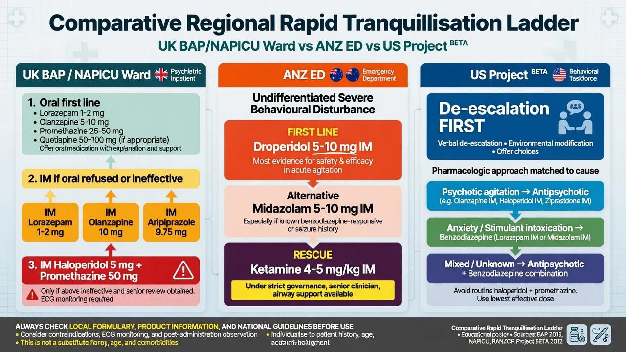 Comparative regional rapid tranquillisation ladders for UK BAP NAPICU, ANZ ED, and US Project BETA