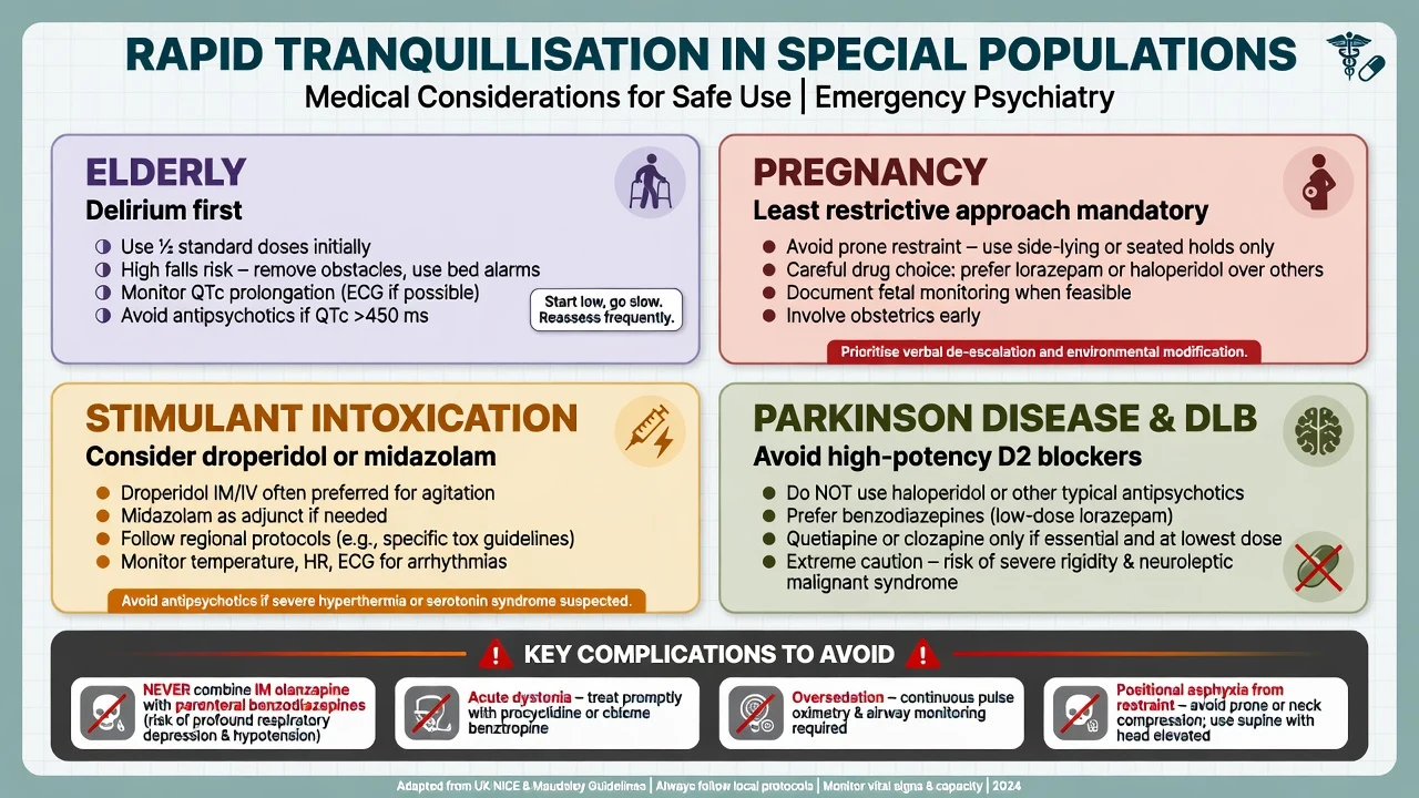 Special population considerations for rapid tranquillisation including elderly pregnancy stimulant intoxication and Parkinson disease