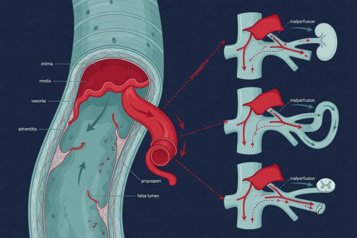 Acute aortic dissection — type A/B, malperfusion, TEVAR pathophysiology overview for ICU exam