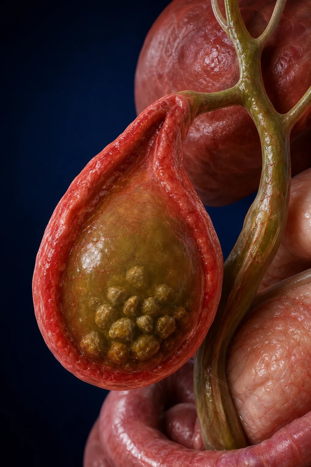 Anatomy of the gallbladder, biliary tree, and cystic duct showing site of stone impaction.
