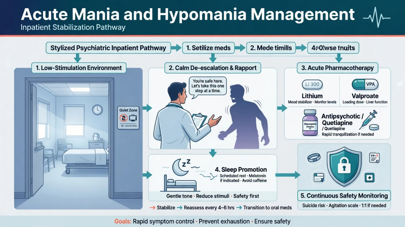 Educational illustration of acute mania care pathway with safety, medication, and sleep restoration