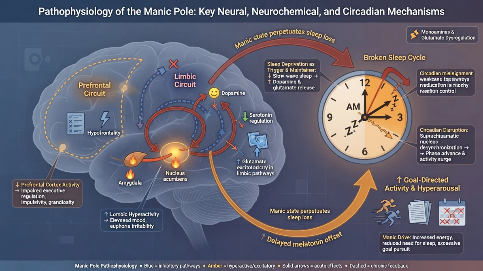 Diagram of manic-pole mechanisms linking sleep–circadian disruption and neurochemical pathways