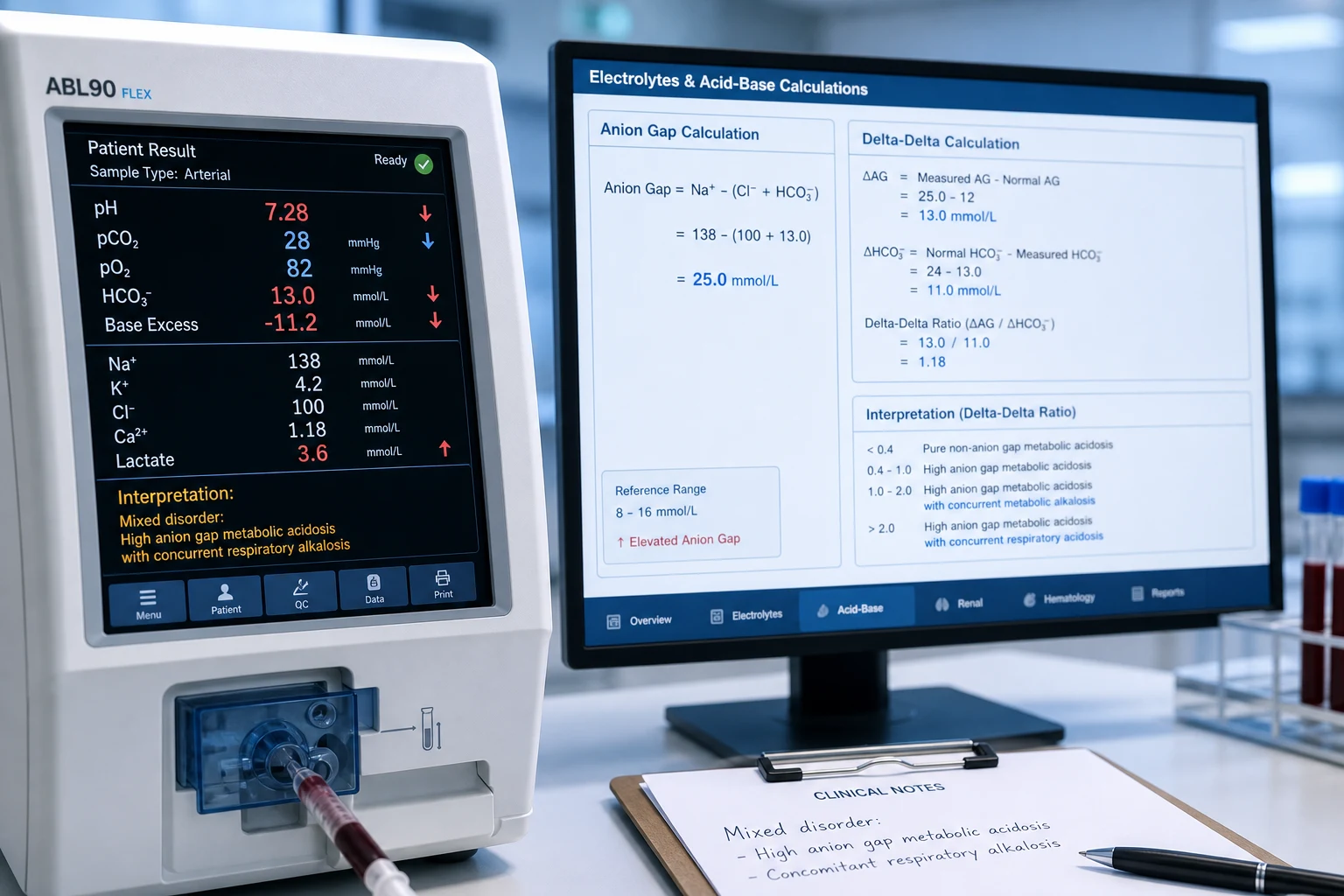 Cinematic ICU scene of a lactate level and an anion-gap calculation on a monitor beside an ECG showing hyperkalaemic changes and a fomepizole vial, clinical-blue lighting, medical educational, no faces, no text