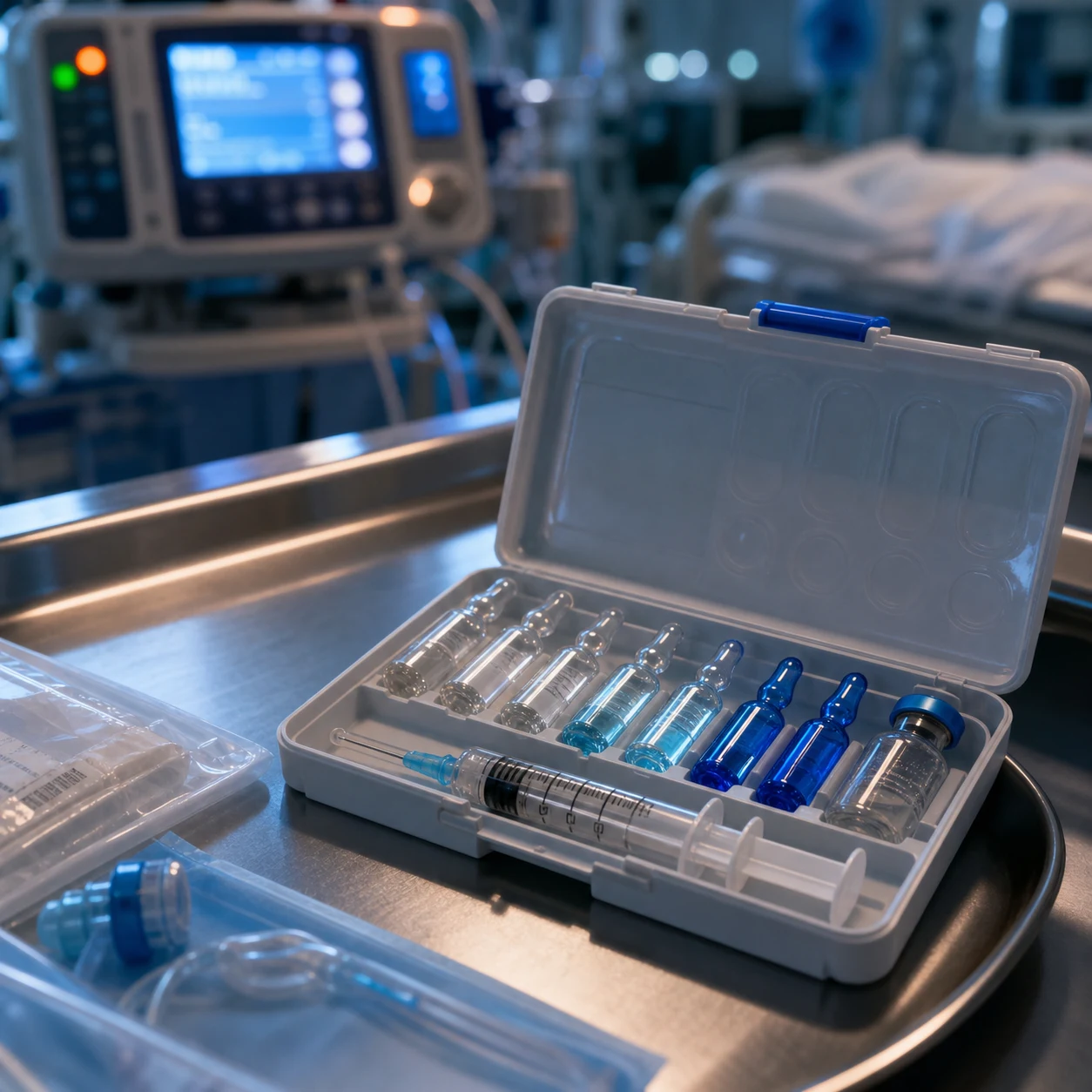 Cinematic ICU scene of a poisoned unconscious patient with activated charcoal and a multi-dose activated charcoal regimen on the trolley, a haemodialysis machine behind, an antidote tray labelled with naloxone flumazenil N-acetylcysteine digoxin-Fab and atropine, clinical-blue lighting, no faces, no text