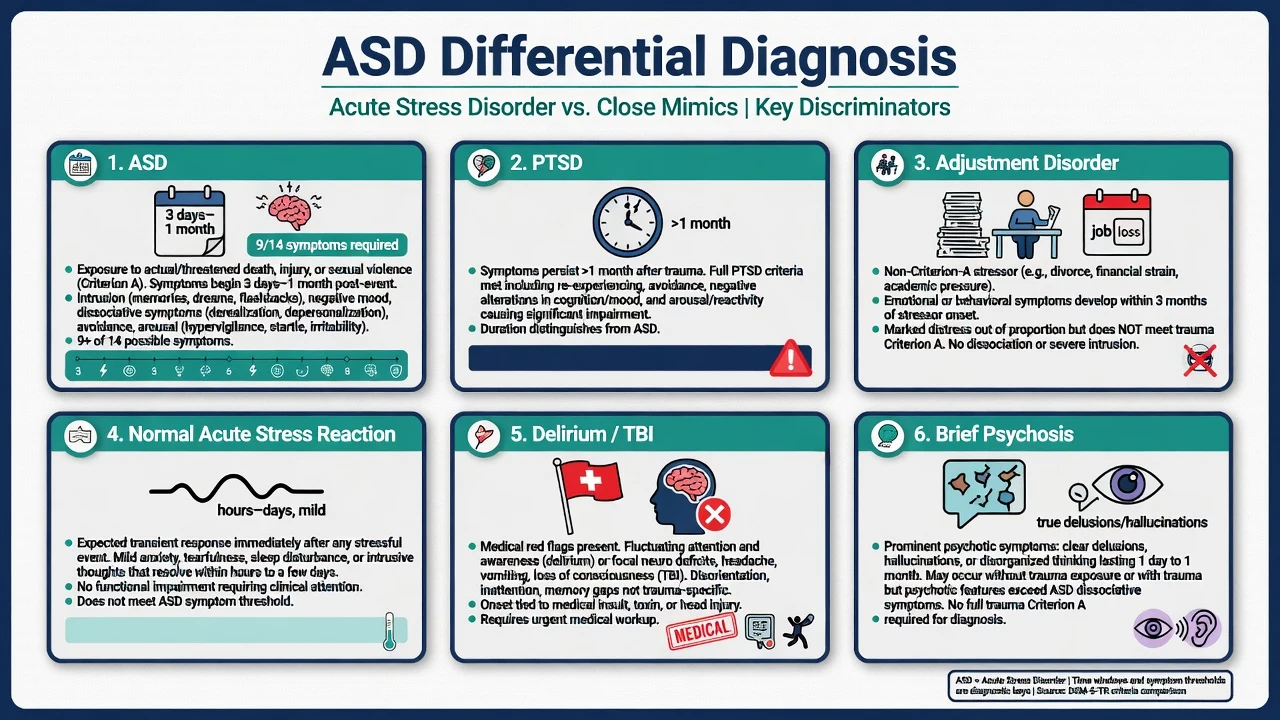 Six-card differential board comparing ASD with PTSD, adjustment disorder, normal acute stress, delirium or TBI, and brief psychosis