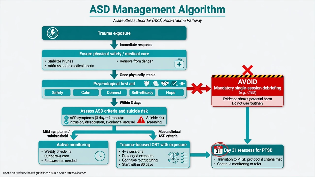 Stepped management algorithm for acute stress disorder from medical safety and psychological first aid through trauma-focused CBT to day-31 PTSD reassessment