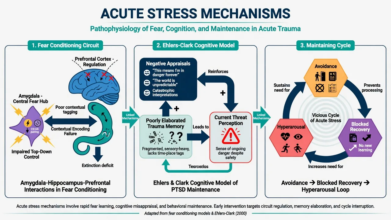 Three-panel mechanism figure showing fear circuitry, Ehlers-Clark cognitive model of current threat, and avoidance maintaining cycle in acute stress disorder