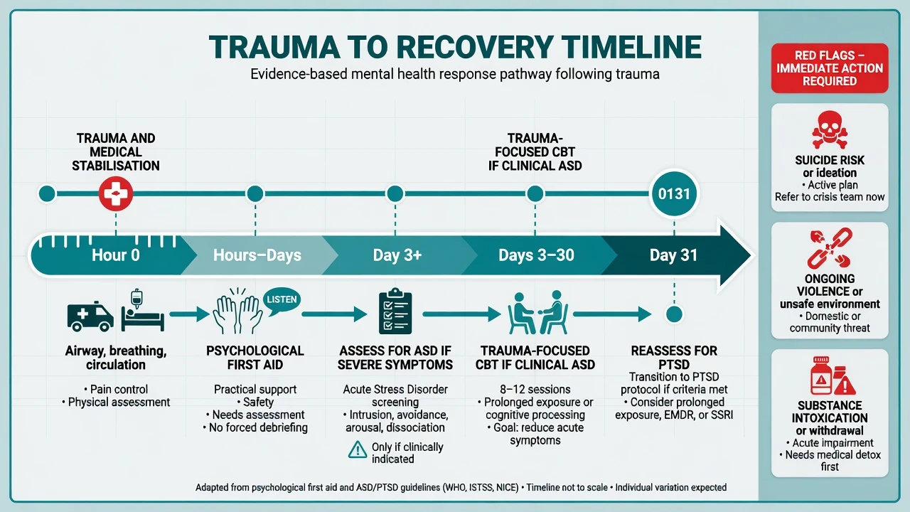 Clinical timeline from trauma hour zero through psychological first aid, ASD assessment window, trauma-focused CBT, and day-31 PTSD reassessment