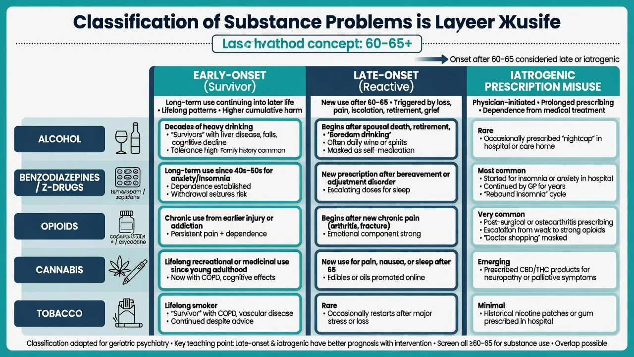 Classification of substance problems in later life by early-onset, late-onset, and iatrogenic prescription misuse across alcohol, benzodiazepines, opioids, cannabis, and tobacco