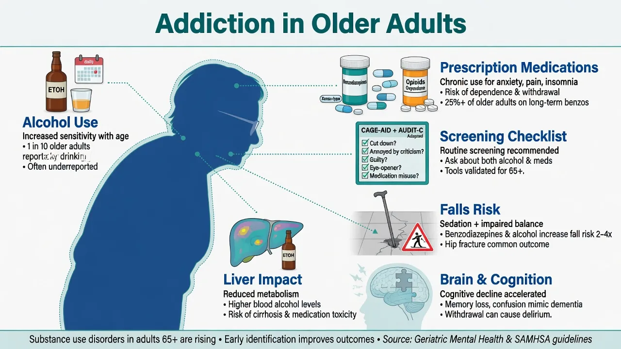 Overview infographic of addiction in older adults covering alcohol, prescription medications, screening, falls risk, liver impact, and brain cognition