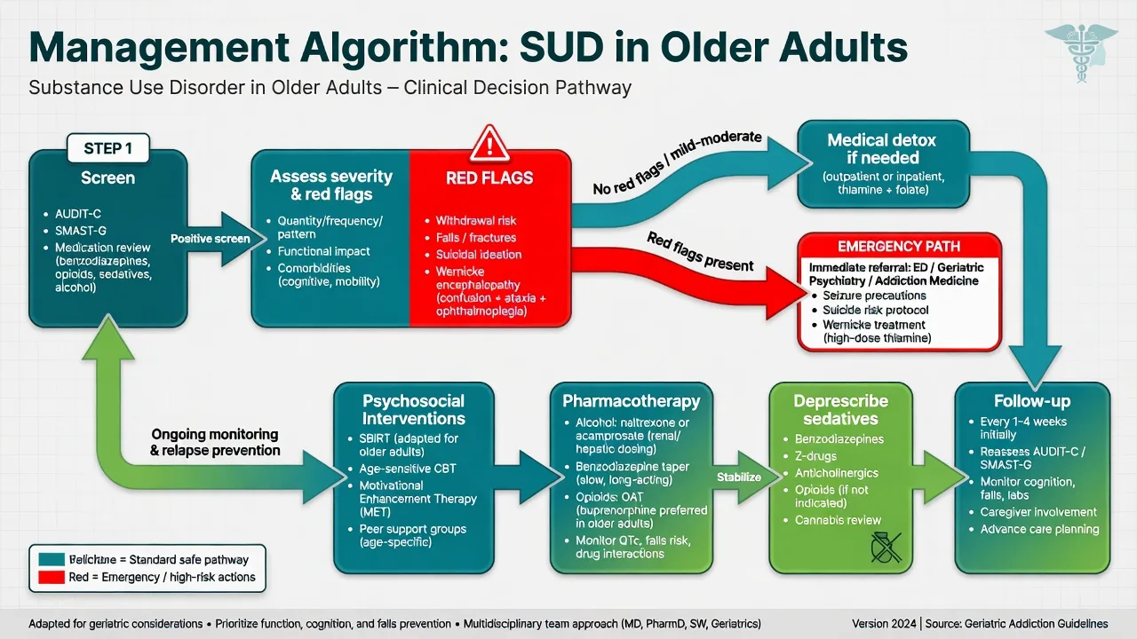 Clinical algorithm for screening, red-flag assessment, medical detox, psychosocial care, pharmacotherapy, deprescribing, and follow-up in older adults with substance use disorders