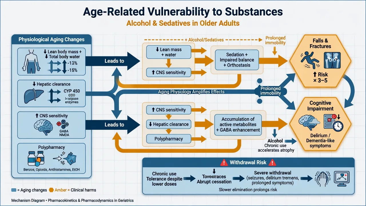 Age-related pharmacokinetic and pharmacodynamic vulnerability to alcohol and sedatives leading to falls, cognitive impairment, and withdrawal risk