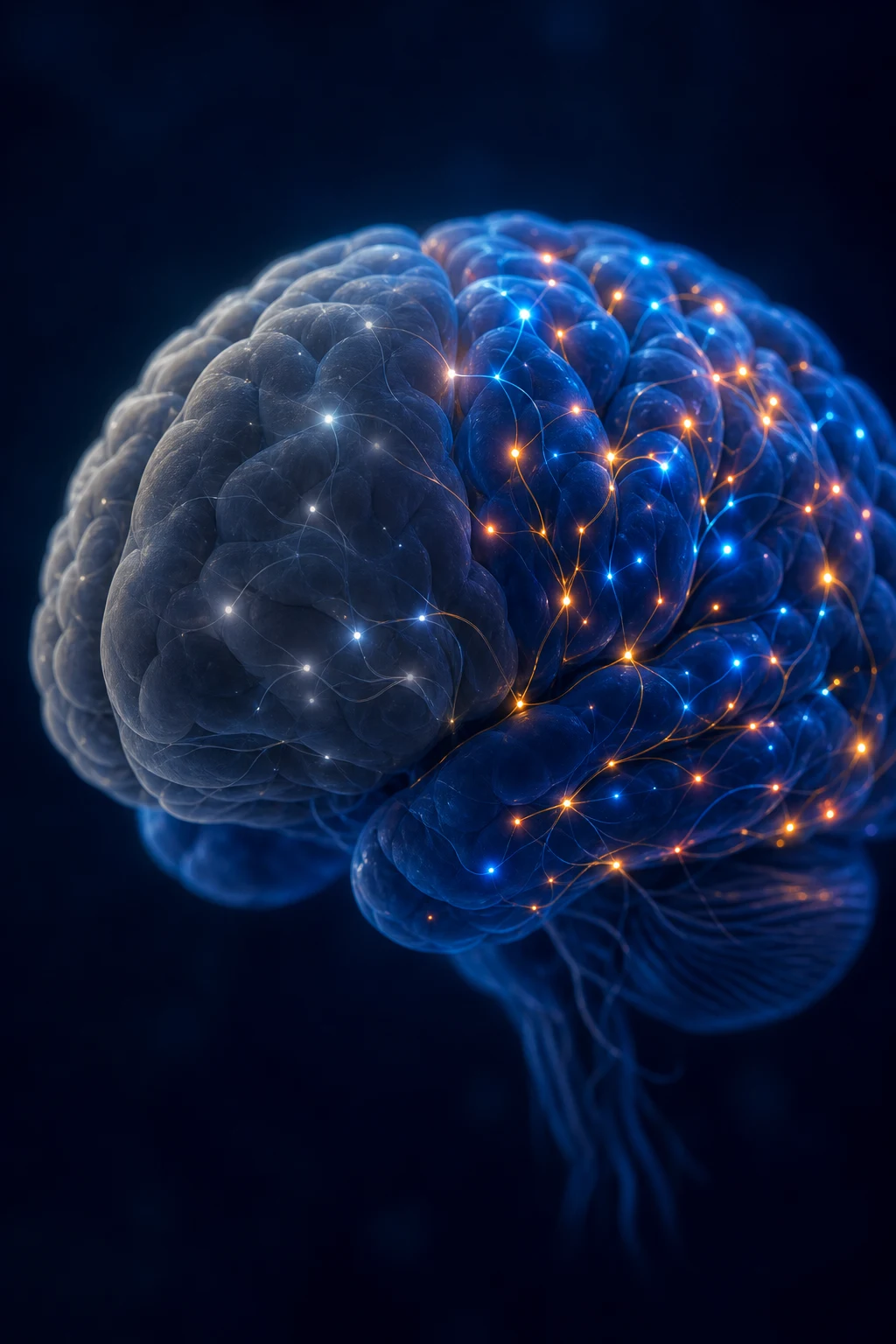 Cinematic 3D abstract close-up of a brain with underactive prefrontal cortex (dimmed, cool blue) and overactive limbic/reward circuits, scattered attention signals, deep navy background