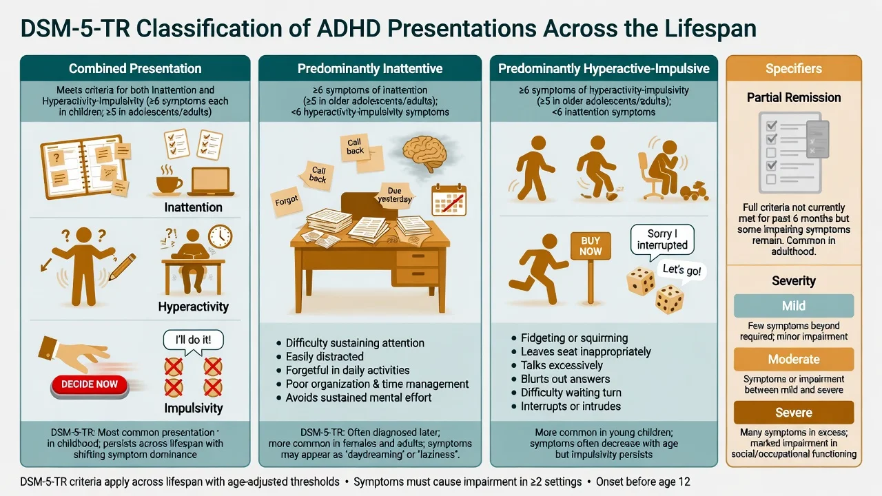 DSM-5-TR ADHD presentations combined inattentive hyperactive-impulsive with severity and partial remission