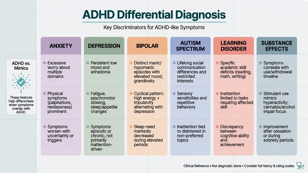 Differential diagnosis grid for ADHD mimics including anxiety depression bipolar autism learning disorders substances