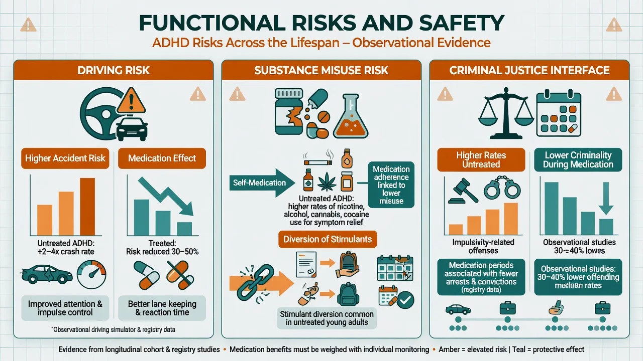 Functional risks of ADHD driving substance misuse and criminal justice observational evidence