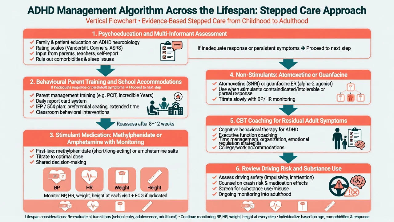 Stepped care ADHD management algorithm from psychoeducation to stimulants non-stimulants CBT and risk review