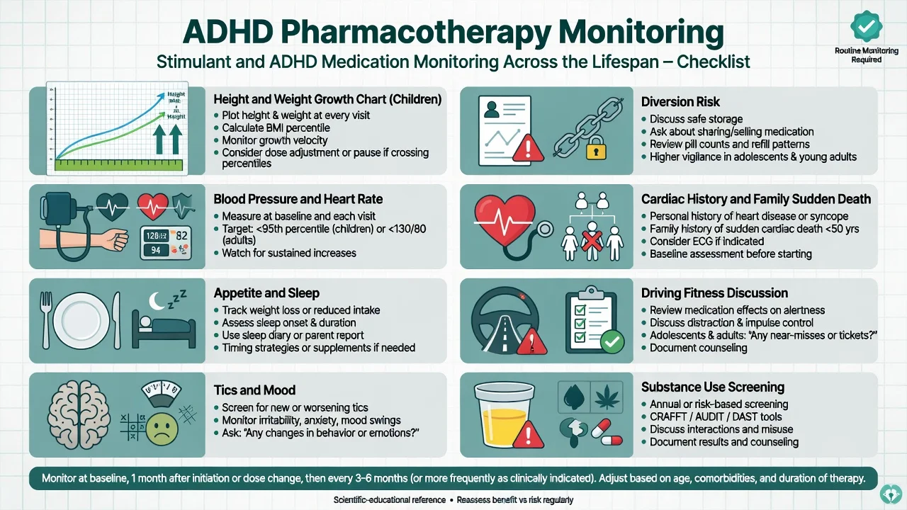 ADHD pharmacotherapy monitoring checklist growth BP HR sleep appetite tics diversion driving substances
