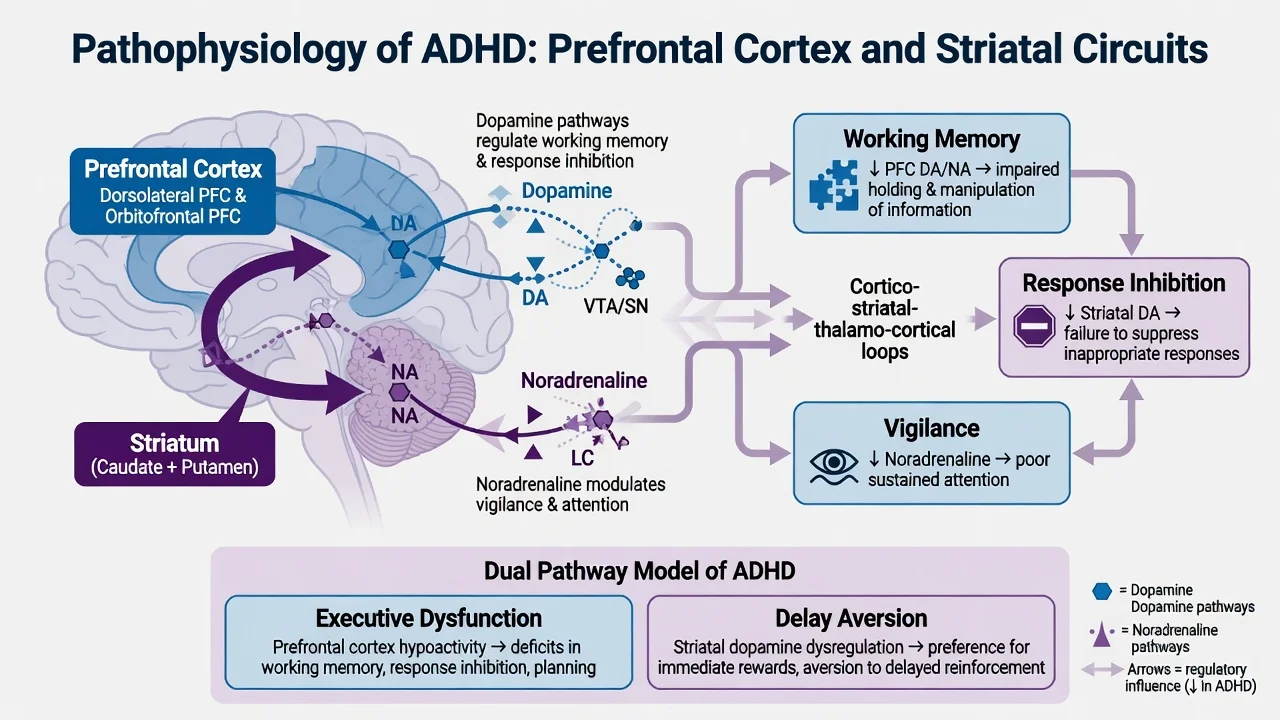 Prefrontal-striatal dopamine and noradrenaline circuits in ADHD with dual pathway model