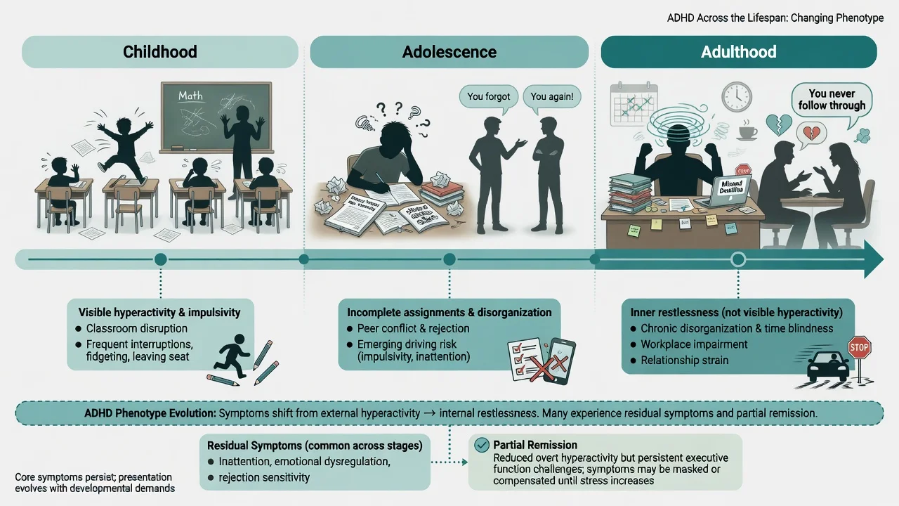 ADHD phenotype evolution from childhood classroom hyperactivity to adult organisational impairment