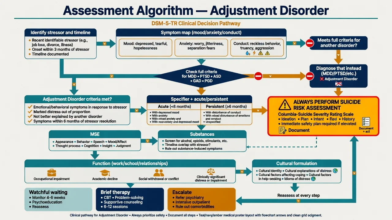 Assessment algorithm flowchart from stressor timeline through differential exclusion to risk assessment and disposition