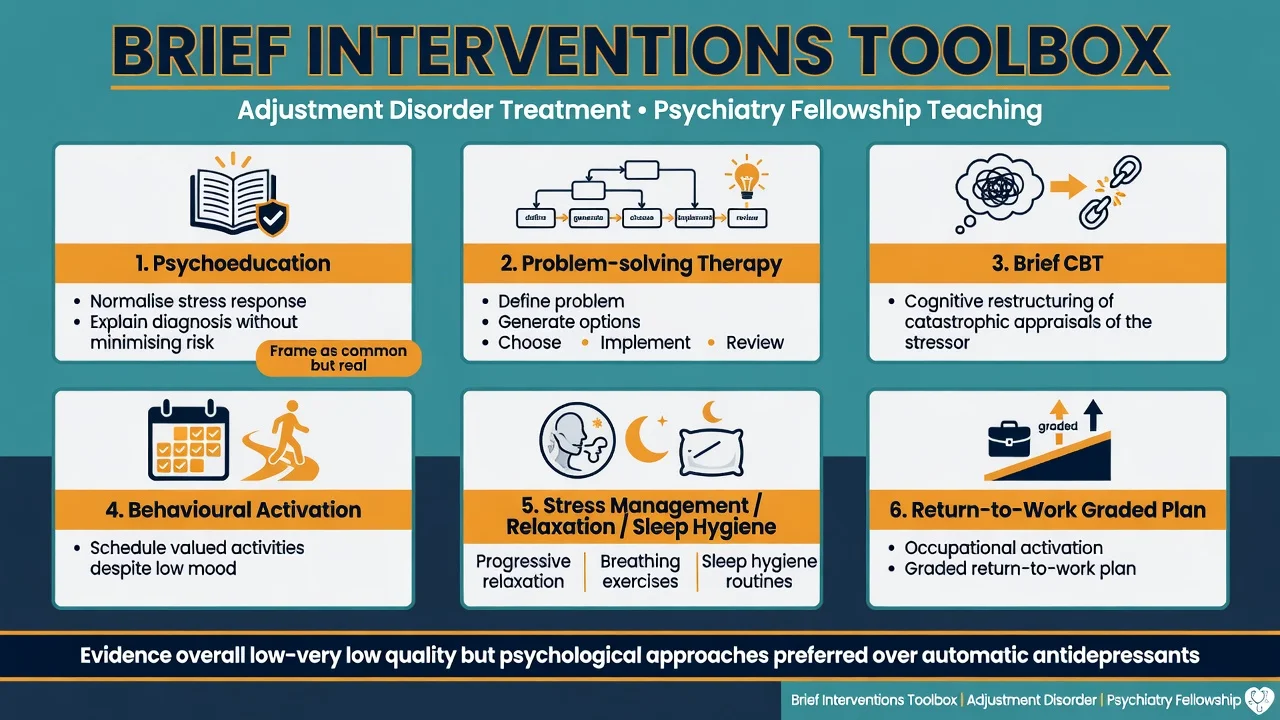 Toolbox of brief interventions including problem-solving therapy, brief CBT, behavioural activation, and return-to-work planning