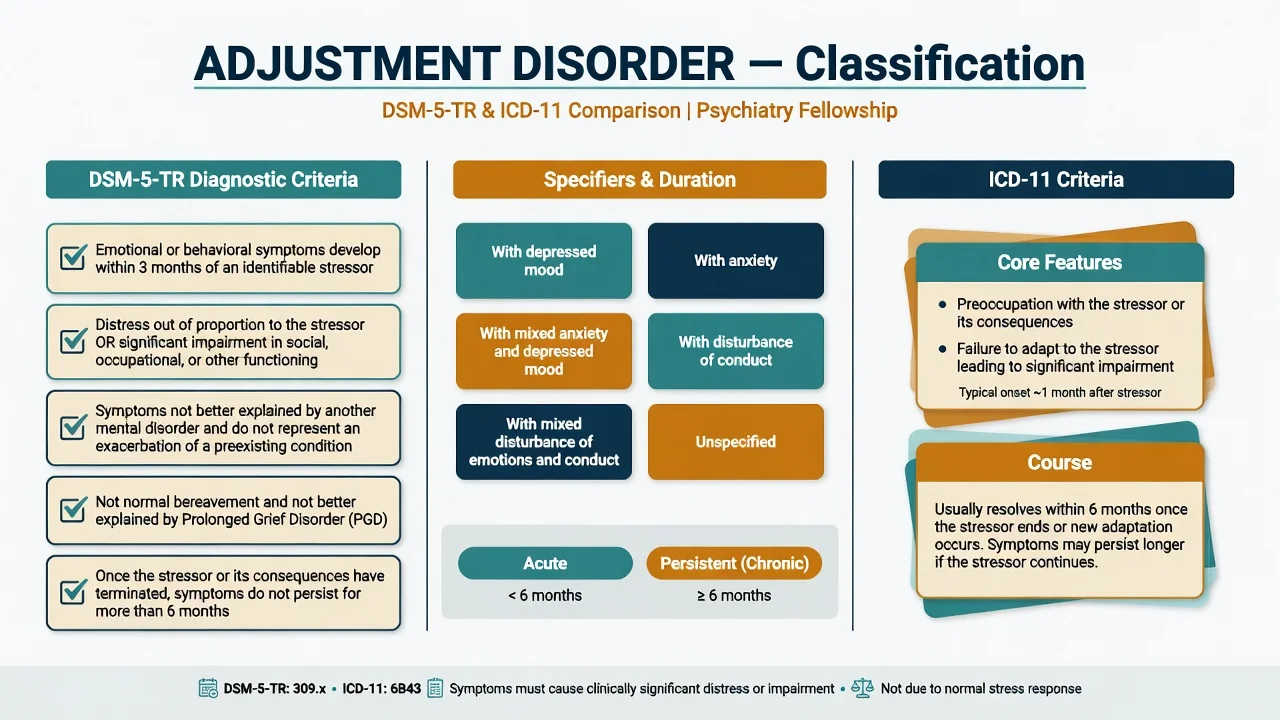 DSM-5-TR adjustment disorder criteria checklist with symptom specifiers and ICD-11 preoccupation and failure-to-adapt panels