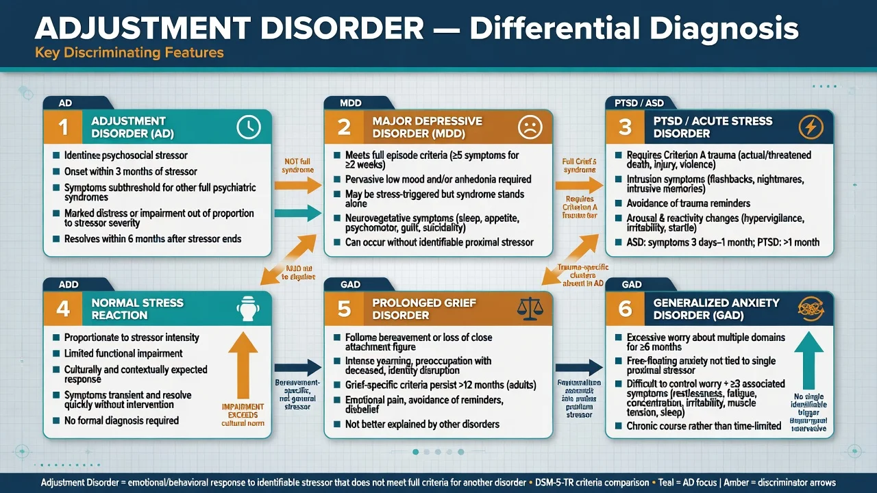Six-card differential board comparing adjustment disorder with MDD, PTSD/ASD, normal stress, prolonged grief, and GAD