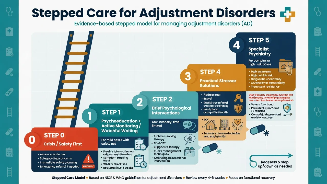 Stepped care ladder for adjustment disorders from crisis safety through watchful waiting and brief therapy to specialist care