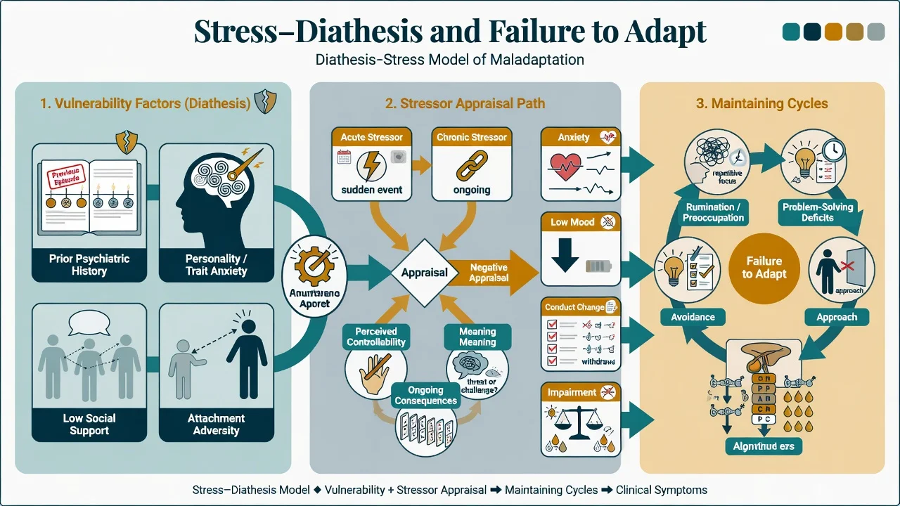 Three-panel stress-diathesis model showing vulnerability factors, stressor appraisal, and failure-to-adapt maintaining cycles