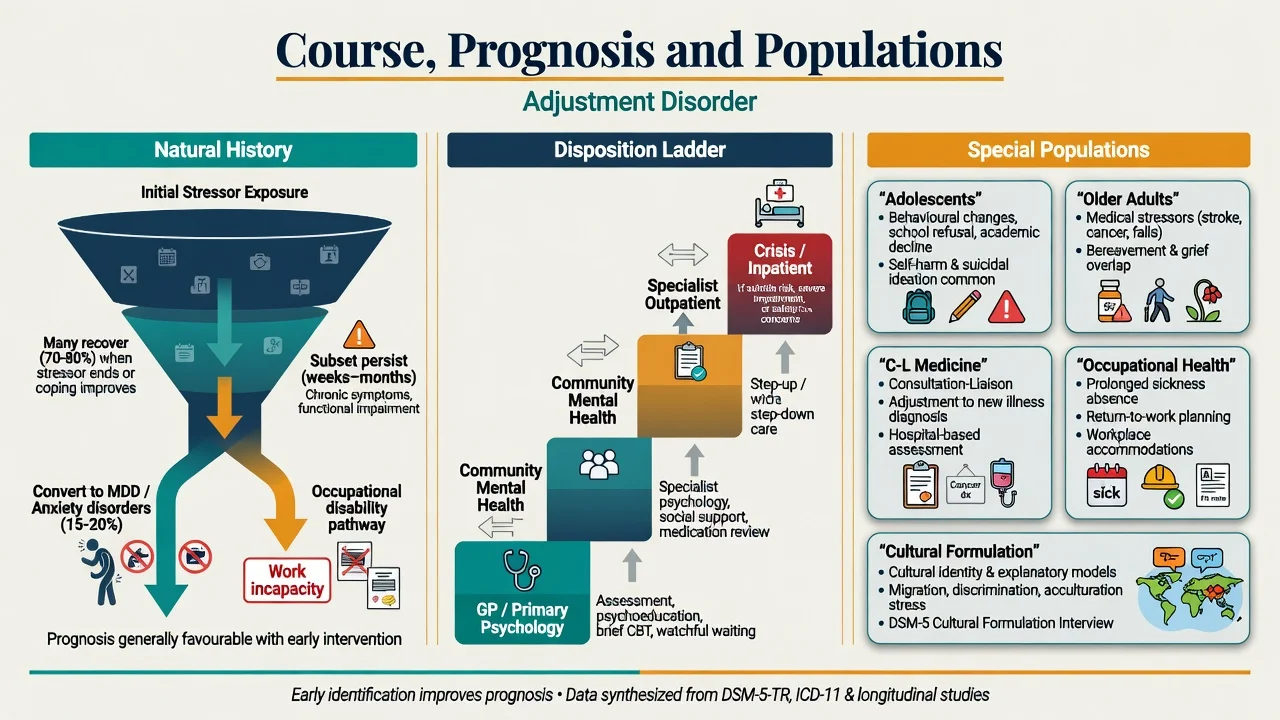 Natural history funnel and disposition ladder with special population cards for adjustment disorders
