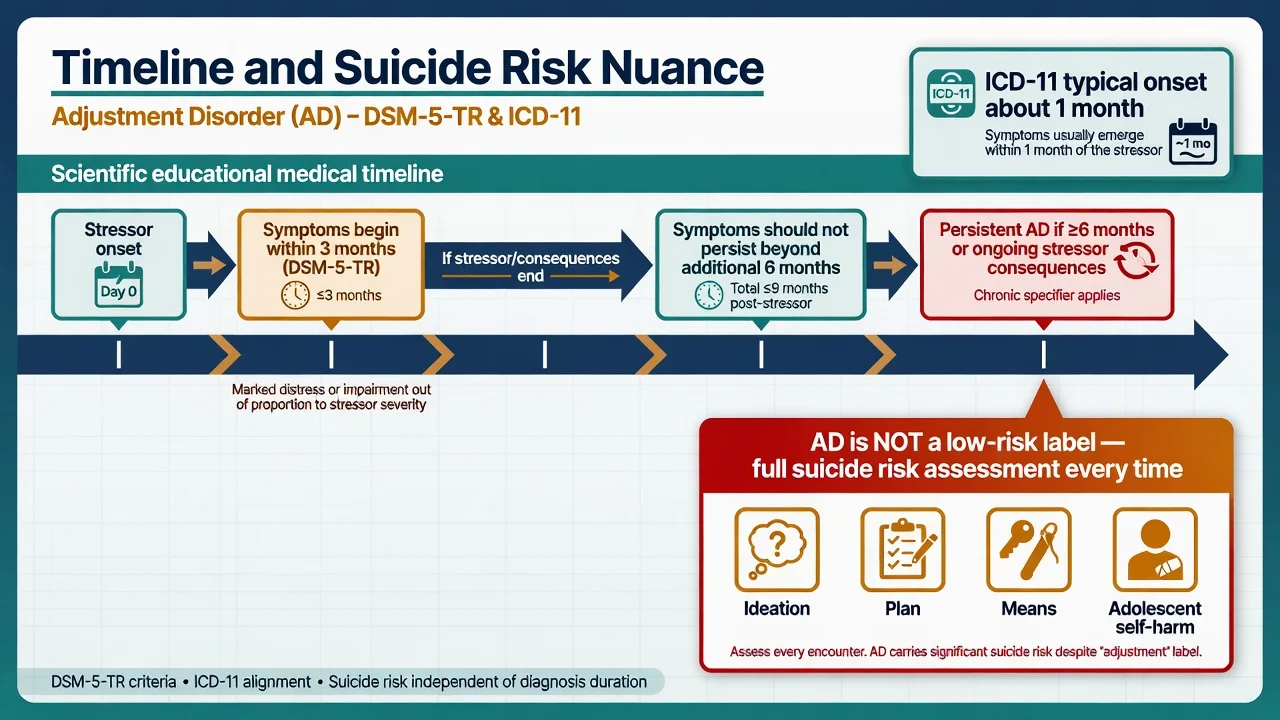 Clinical timeline of adjustment disorder onset and duration rules with suicide risk pearl panel