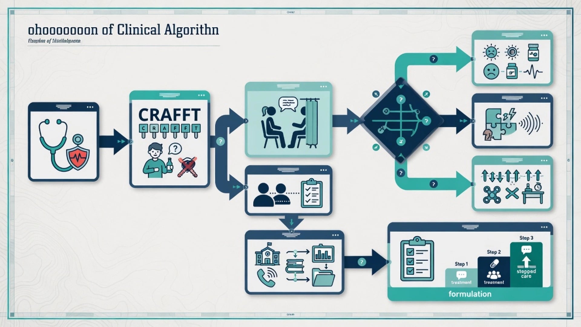 Flowchart from medical safety and CRAFFT screening through private youth interview and family collateral to dual-diagnosis formulation and stepped care