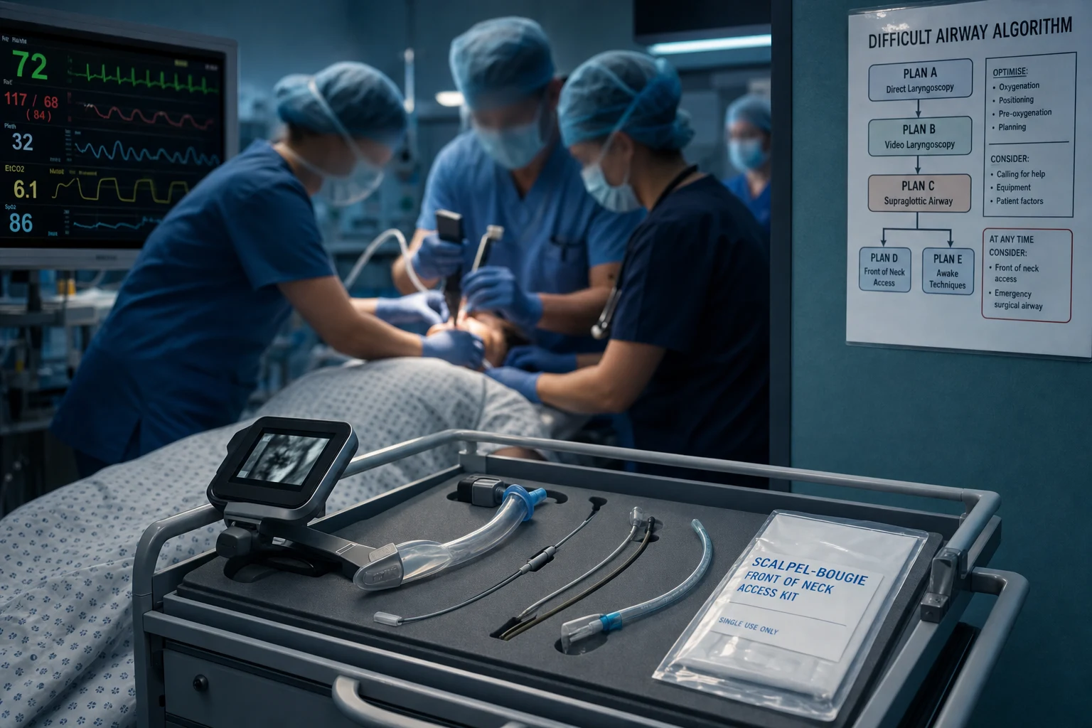Cinematic ICU scene of a difficult-airway resuscitation: the team gathered at the head of the bed, a difficult-airway algorithm chart on the wall, an airway trolley with a video laryngoscope, a second-generation supraglottic airway, a bougie, and a scalpel-bougie front-of-neck access kit, a monitor showing capnography and low oxygen saturation, clinical-blue lighting