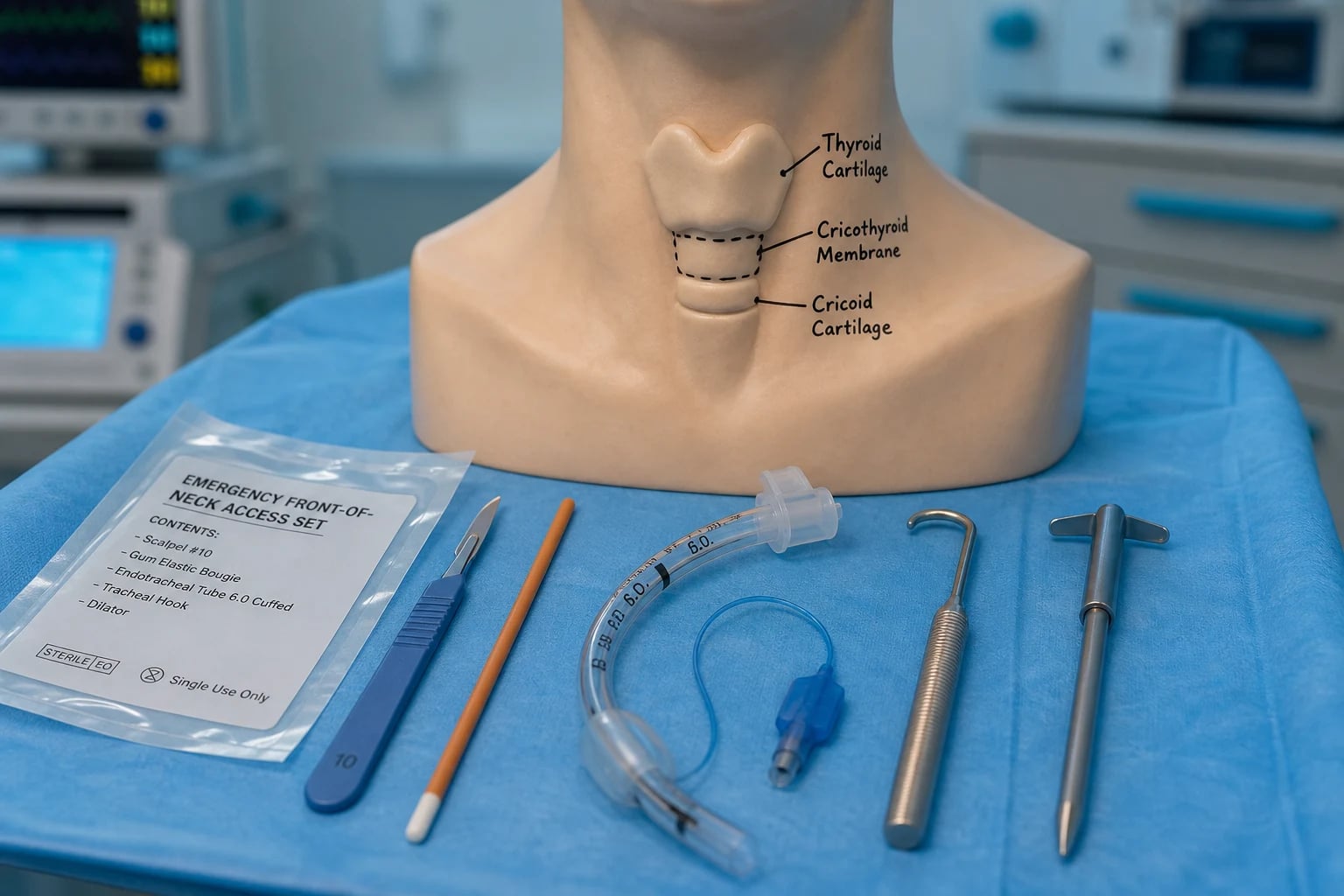 Cinematic clinical photograph of a sterile emergency front-of-neck-access kit on a blue tray: a size 10 scalpel, a gum elastic bougie, a cuffed size 6.0 endotracheal tube, a tracheal hook and a dilator, with a labelled neck model showing the thyroid cartilage, cricothyroid membrane and cricoid cartilage, clinical-blue lighting