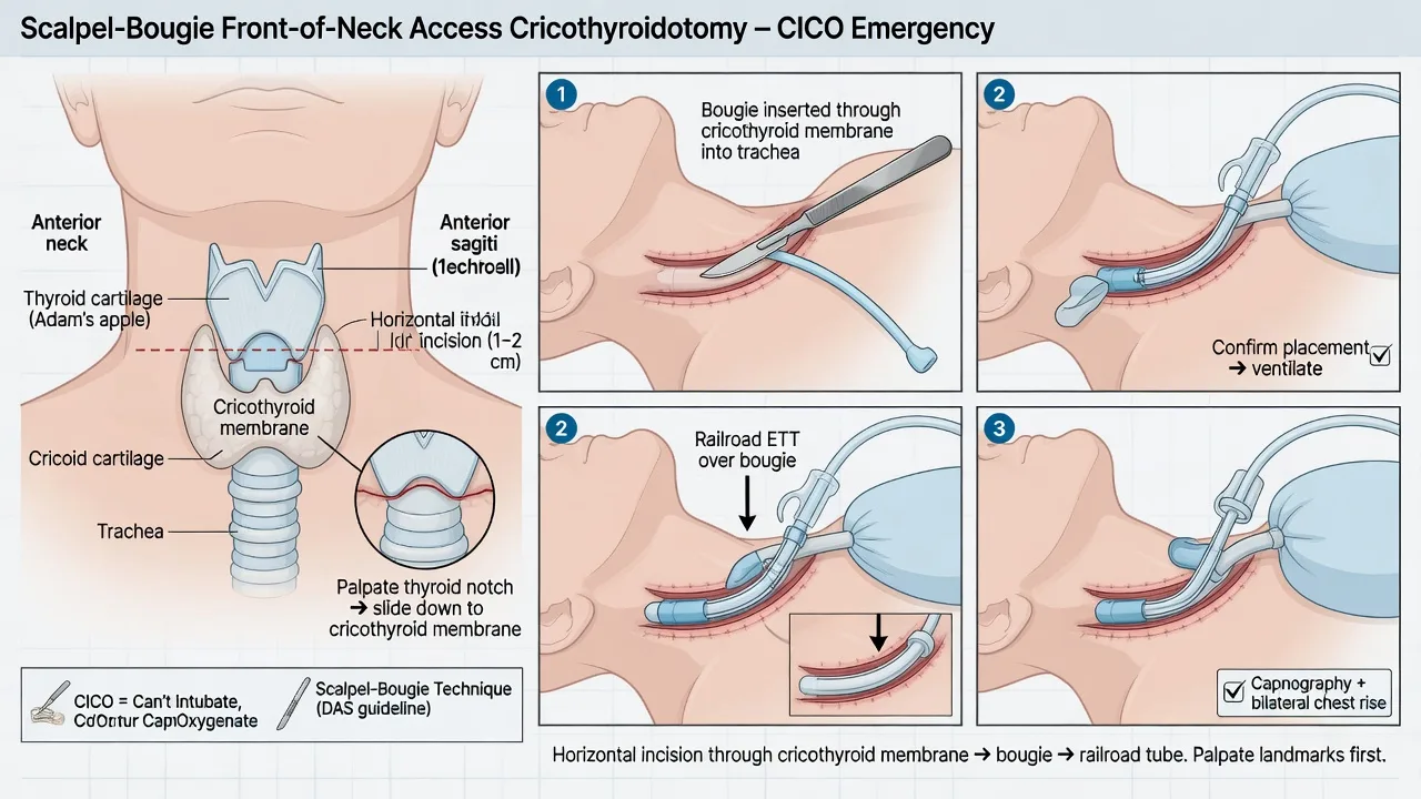 Scalpel-bougie emergency front-of-neck access steps through the cricothyroid membrane with bougie and size 6 tube, waveform capnography confirmation