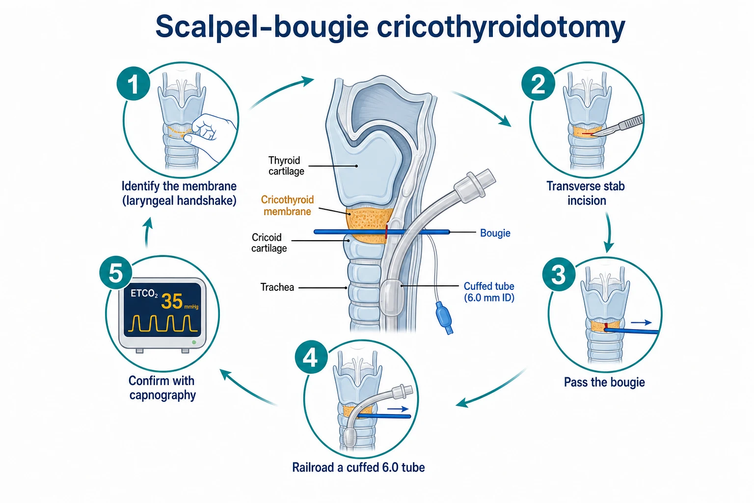 Infographic on a white clinical-blue background: a labelled sagittal larynx cross-section with the thyroid cartilage, the amber-highlighted cricothyroid membrane, and the cricoid cartilage, a bougie and cuffed tube passing through the membrane into the trachea, with five clockwise numbered steps: 1 identify the membrane, 2 transverse stab incision, 3 pass the bougie, 4 railroad a cuffed 6.0 tube, 5 confirm with capnography. Flat vector illustration, crisp typography.