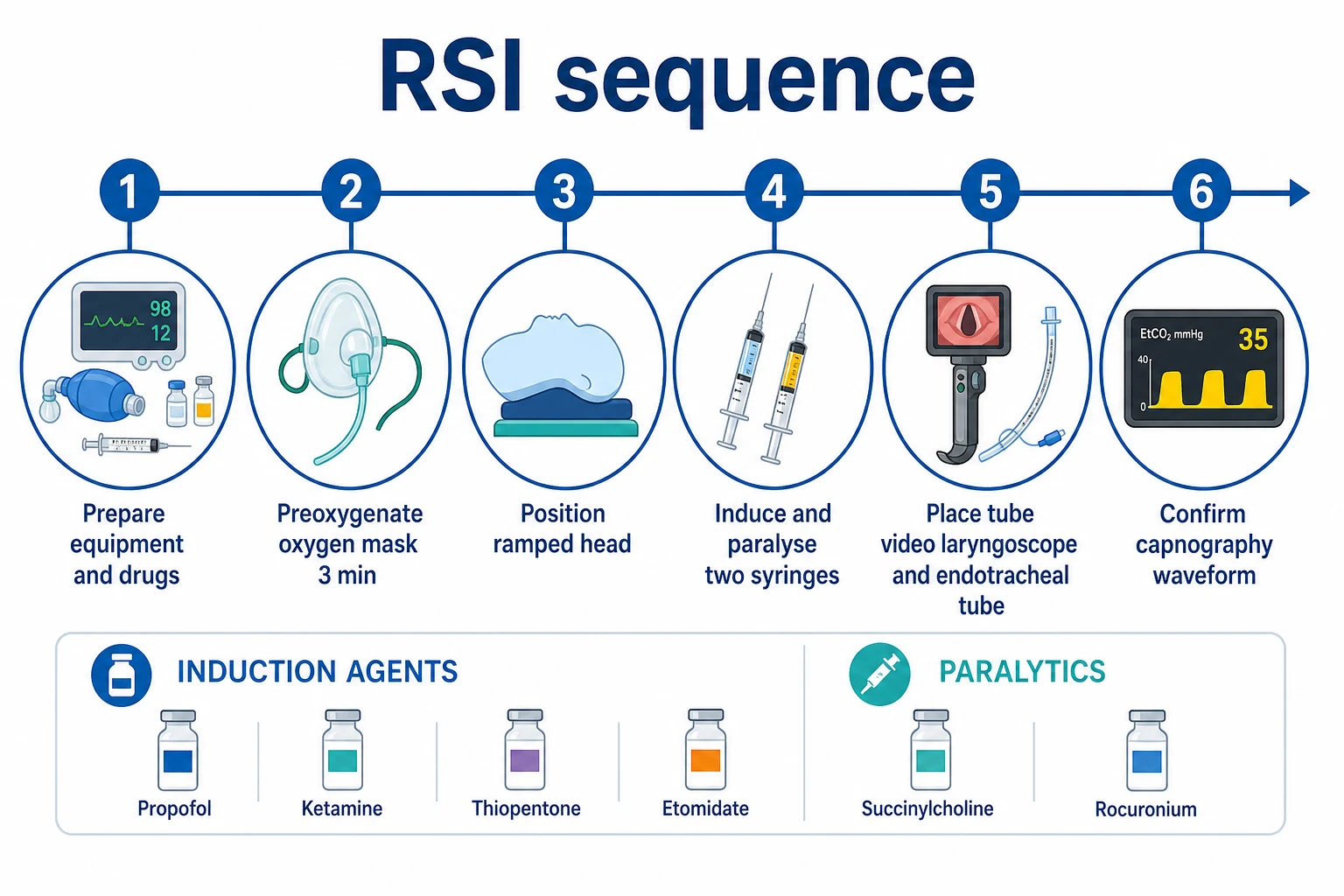 RSI sequence infographic: preparation and preoxygenation, induction plus neuromuscular blockade, laryngoscopy with video laryngoscope and bougie, waveform capnography confirmation