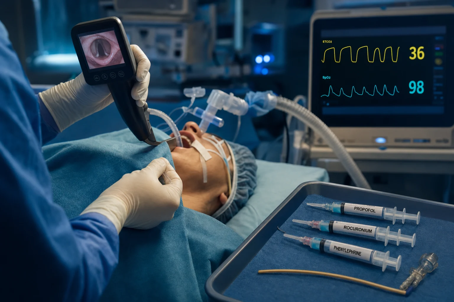 Cinematic ICU intubation scene: a video laryngoscope in the operator's hand, an endotracheal tube being passed, a bougie on the trolley, three labelled syringes of induction and paralytic drugs, a monitor showing a capnograph waveform and oxygen saturation, the head ramped, clinical-blue lighting