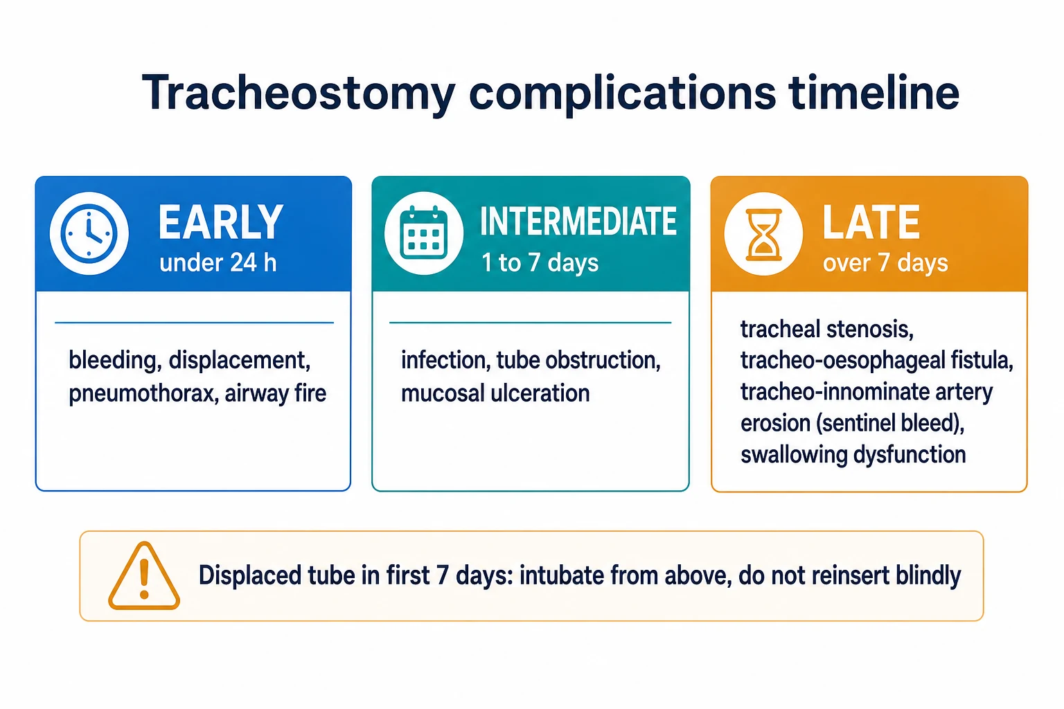 Three horizontal phase bars infographic on a white clinical-blue background: EARLY under 24 h (blue) bleeding, displacement, pneumothorax, airway fire; INTERMEDIATE 1 to 7 days (teal) infection, tube obstruction, mucosal ulceration; LATE over 7 days (amber) tracheal stenosis, tracheo-oesophageal fistula, tracheo-innominate artery erosion with sentinel bleed, swallowing dysfunction; banner 'Displaced tube in first 7 days: intubate from above, do not reinsert blindly'. Flat vector illustration, crisp typography.