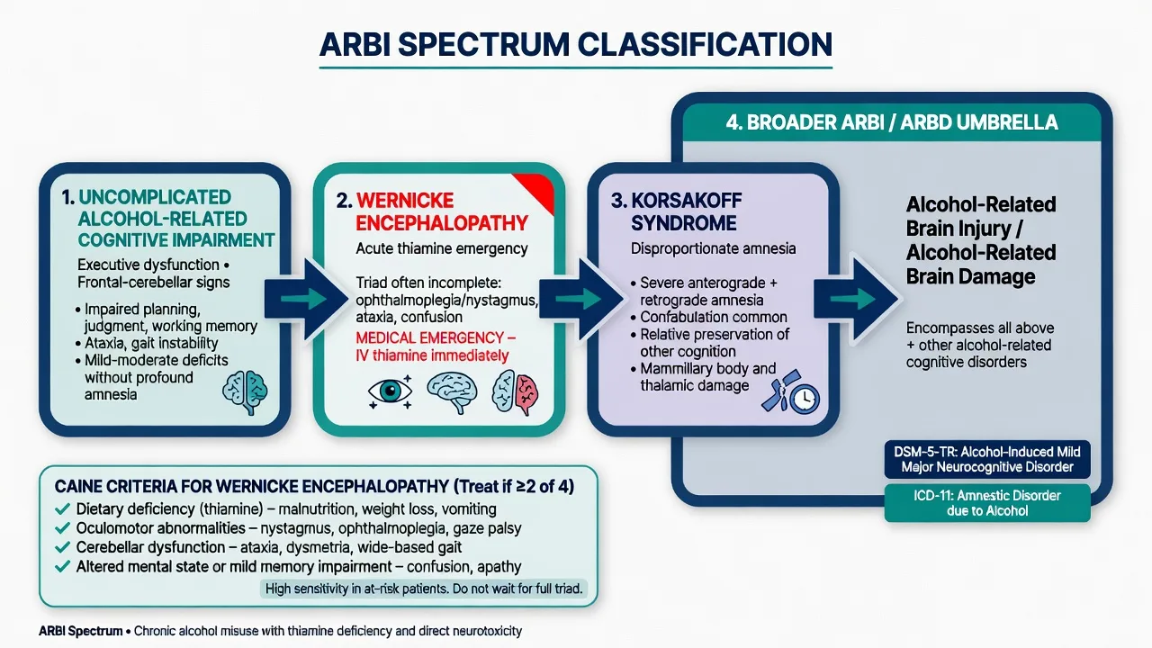 Classification diagram of ARBI umbrella with Wernicke encephalopathy Korsakoff syndrome and Caine any two of four criteria