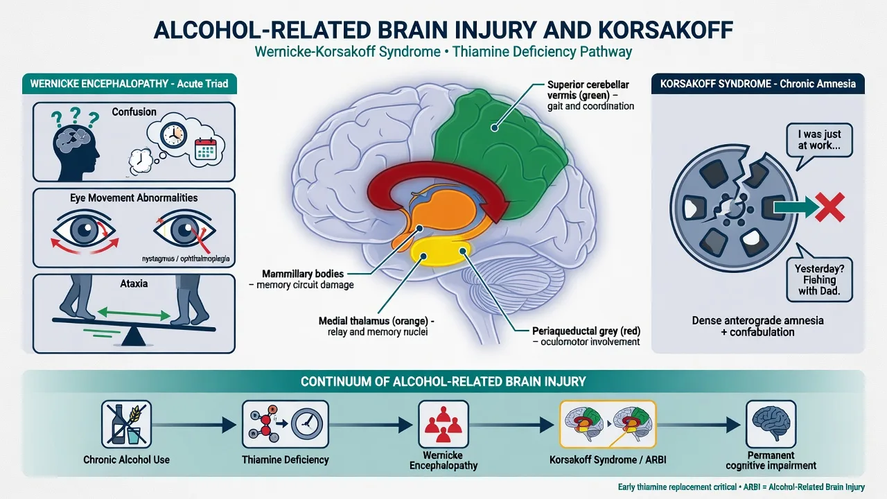 Educational brain diagram highlighting mammillary bodies medial thalamus and cerebellar vermis with Wernicke to Korsakoff continuum