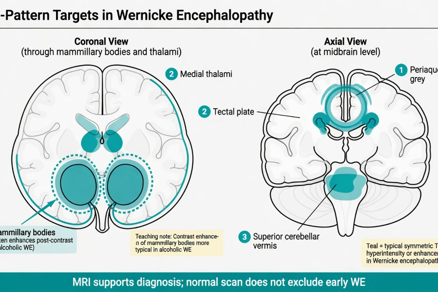 Schematic brain diagram of Wernicke MRI target regions mammillary bodies medial thalami periaqueductal grey not a real MRI scan