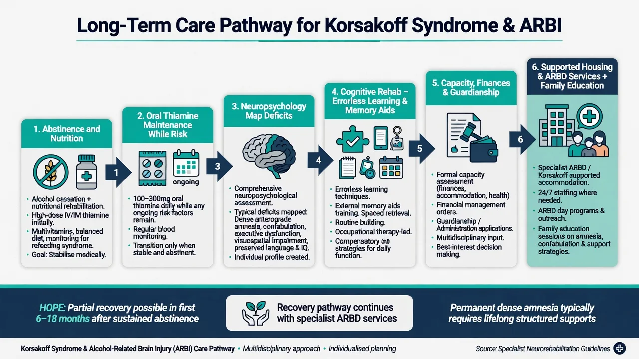 Long-term care pathway cards for abstinence thiamine neuropsychology cognitive rehab capacity and supported housing
