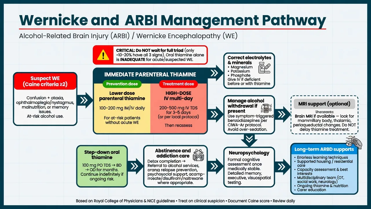 Algorithm flowchart for suspected Wernicke parenteral thiamine electrolytes MRI support and step-down care