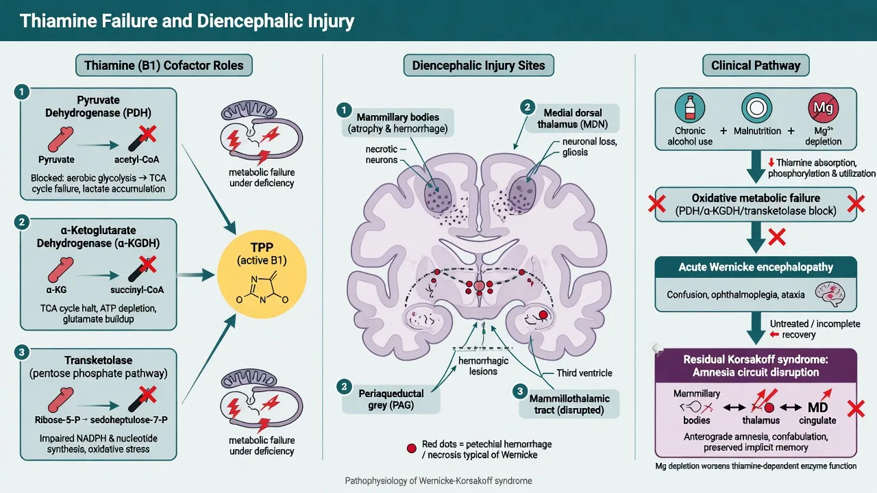 Diagram of thiamine cofactor failure PDH alpha-KGDH transketolase leading to mammillary and thalamic injury
