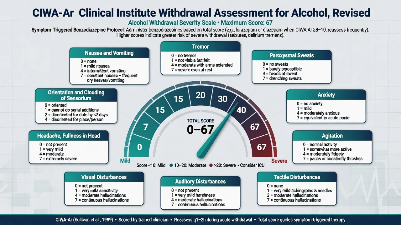 CIWA-Ar ten clinical domains around a total score gauge from 0 to 67 for alcohol withdrawal severity