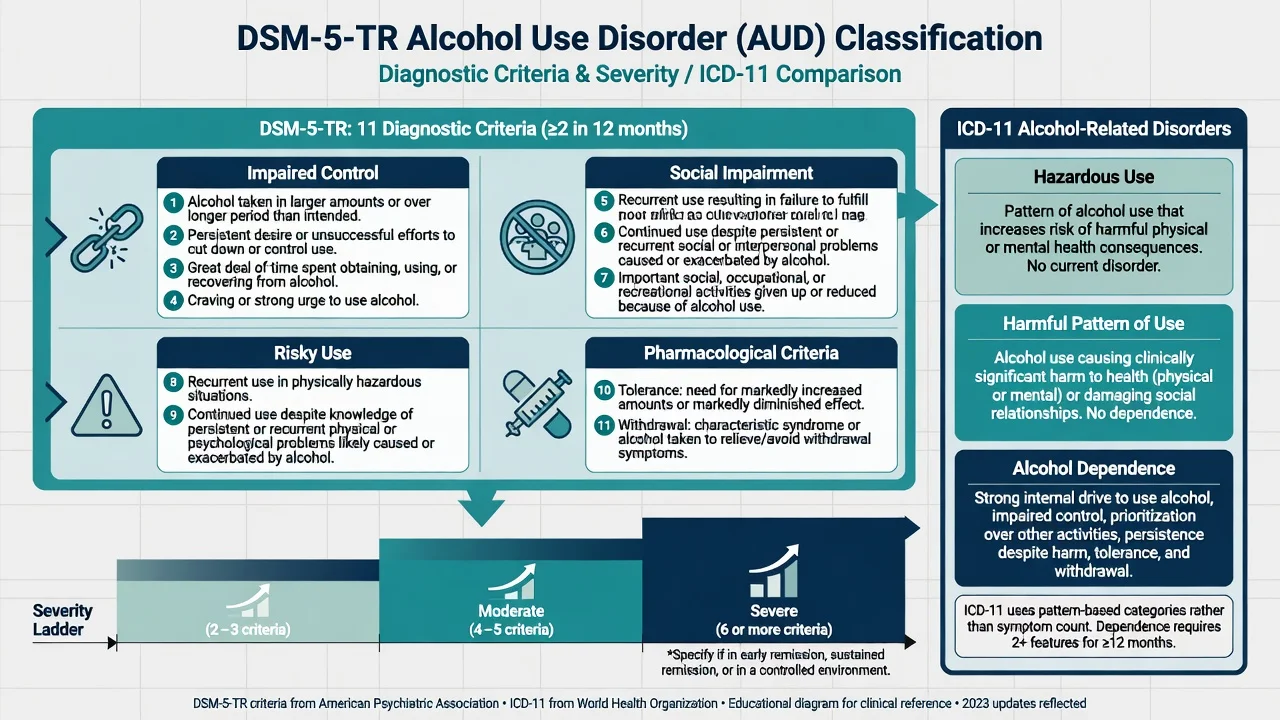 DSM-5-TR eleven alcohol use disorder criteria grouped by domain with mild moderate severe ladder and ICD-11 hazardous harmful dependence comparison